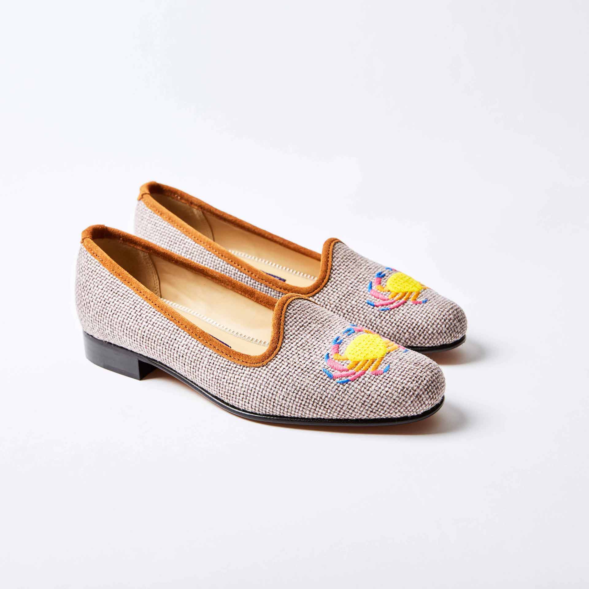 Truffle Linen Pumps with Embroidered Funky Crab | Bowhill & Elliott