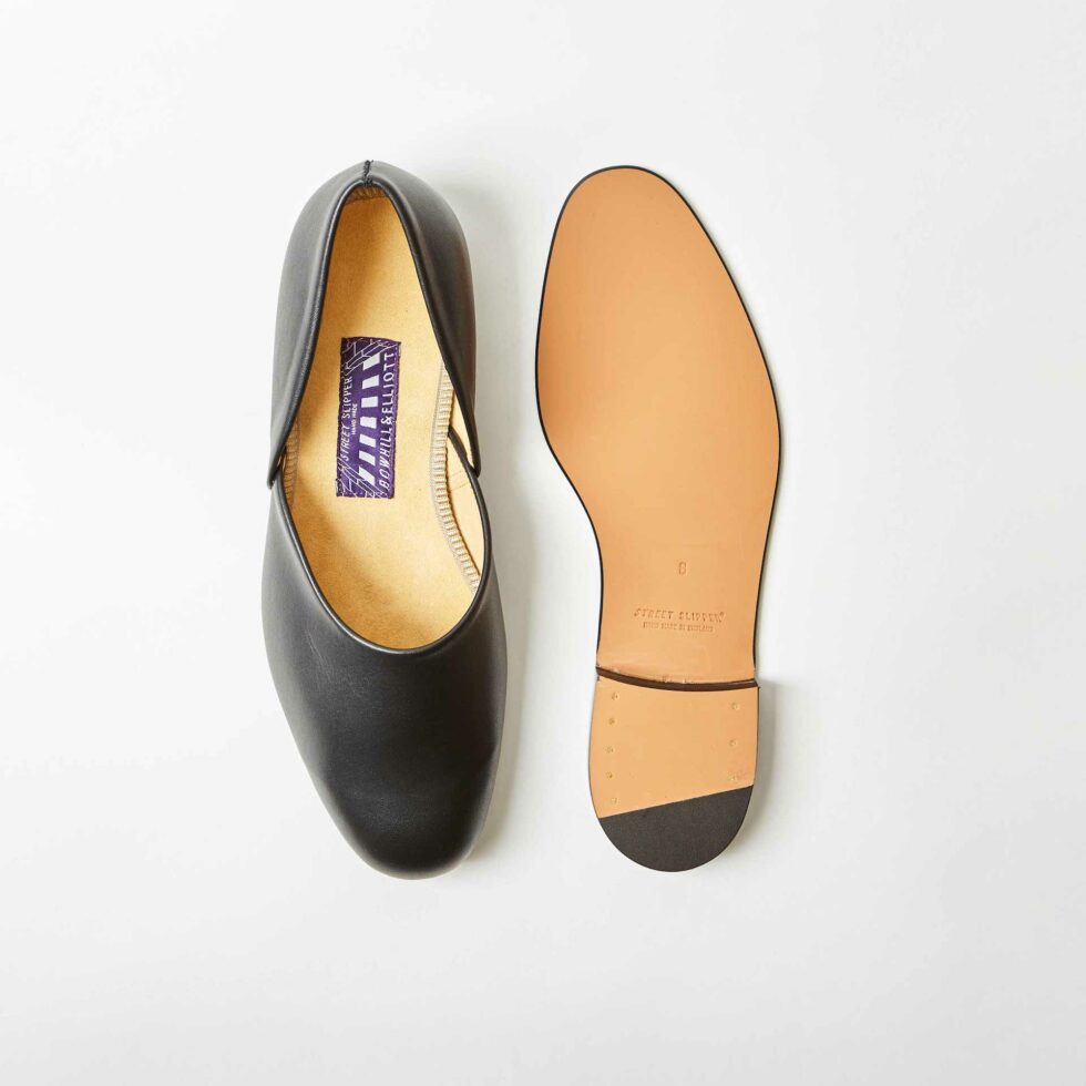 Black Leather Hard Sole Grecian Slippers | Bowhill & Elliott