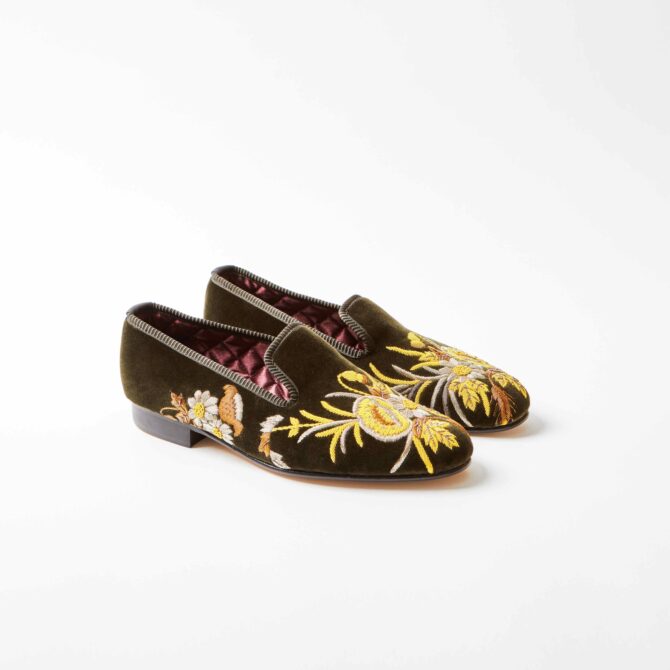 Olive Velvet Embroidered Albert Slippers with Anniversary Poppies