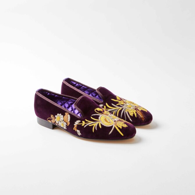 Regal Velvet Embroidered Albert Slippers with Anniversary Poppies