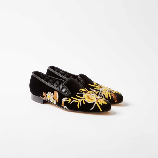 Black Velvet Embroidered Albert Slippers with Anniversary Poppies