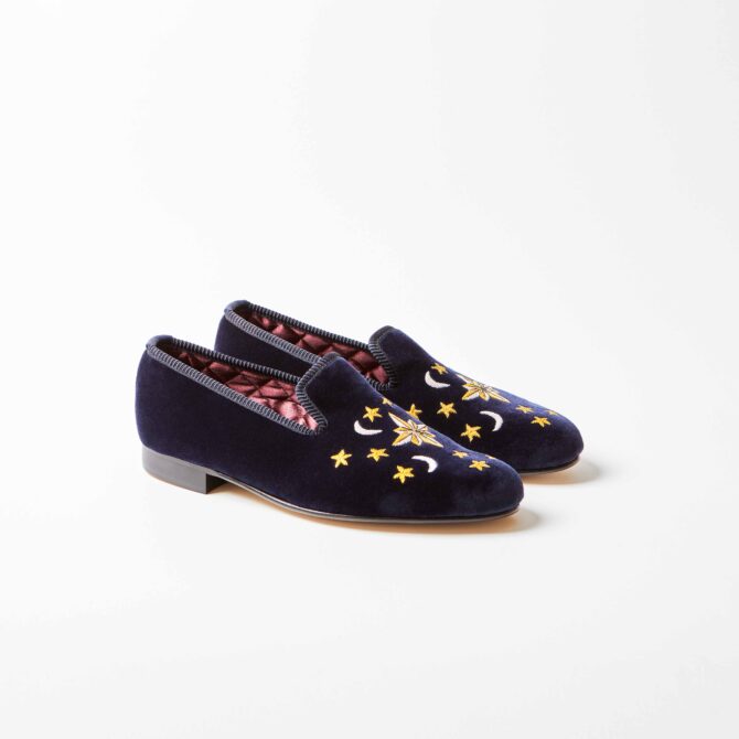 Navy Velvet Albert Slippers with Astro Pattern