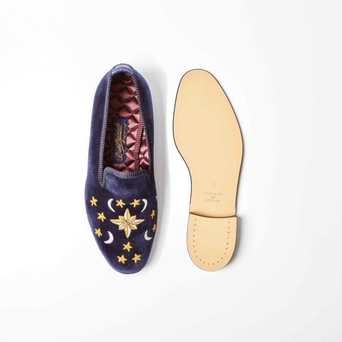 Navy Velvet Albert Slippers with Astro Pattern